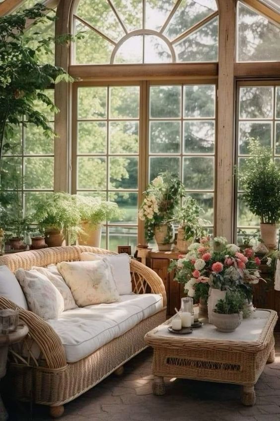 a sun room with wicker furniture and potted plants