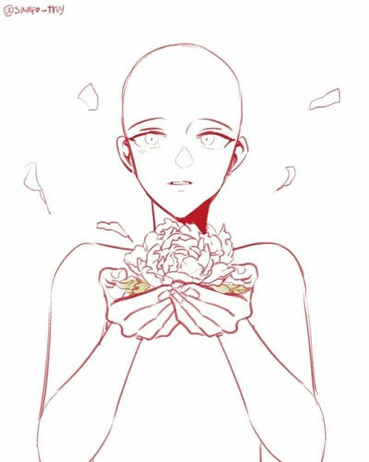 a drawing of a man with his hands folded over his chest and flowers in his hand