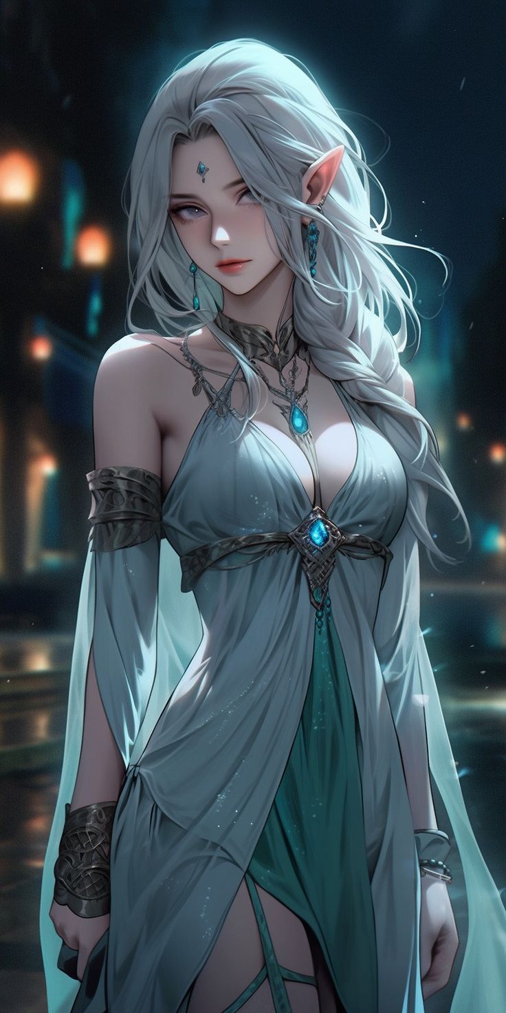 a woman with long white hair and blue eyes wearing a green dress is standing in the dark