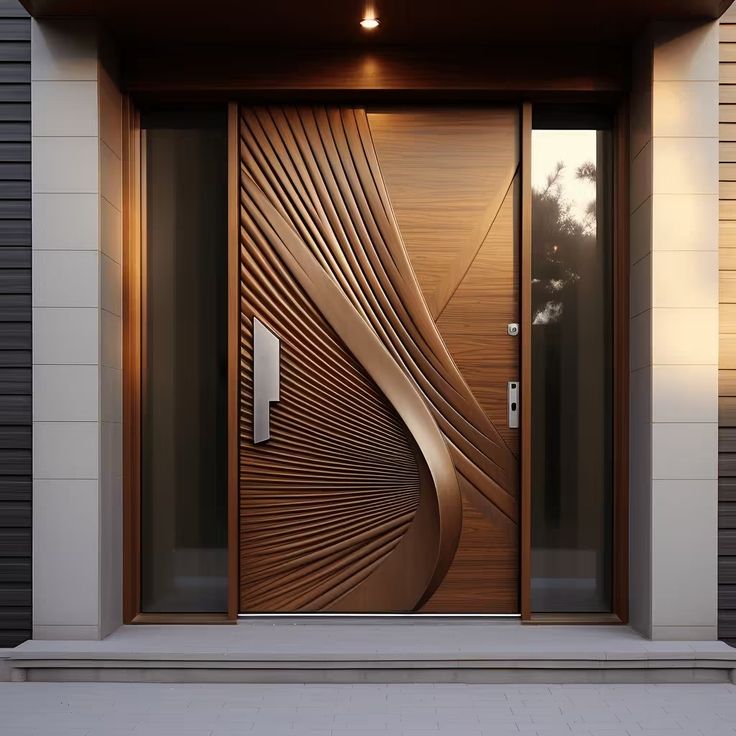 the front door to a modern home with woodgrain and glass panels on it