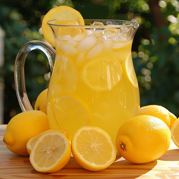 a pitcher filled with lemonade sitting on top of a table next to sliced lemons