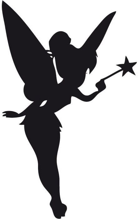 a black and white silhouette of a fairy holding a wand with stars in her hands