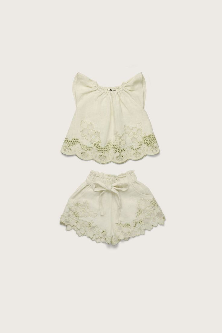 KALIA BABY SET - LIGHT HONEYDEW Spring Cotton Sets In Short Style, Cotton Spring Sets In Short Style, Short Cotton Sets For Spring, Beige Cotton Summer Sets, Beige Summer Cotton Sets, Beige Cotton Short Sets, Summer Cotton Daywear Sets, Cotton Shorts From Matching Set For Spring, Cotton Beach Sets With Floral Embroidery