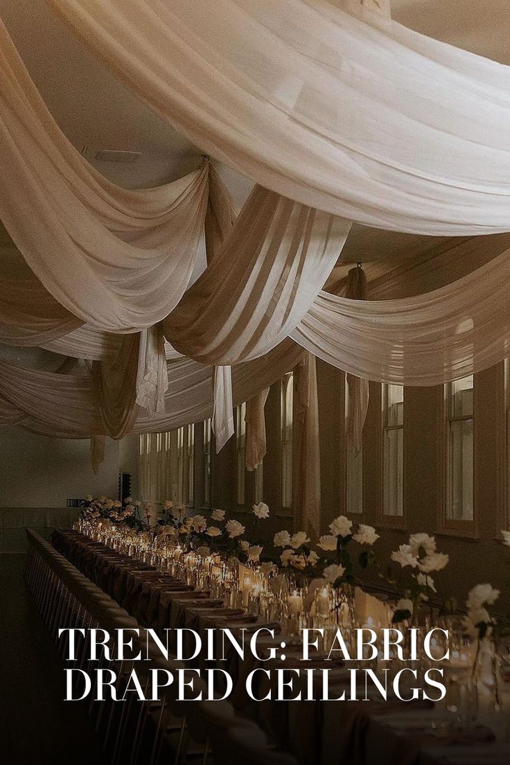 TRENDING: FABRIC DRAPED CEILINGS Wedding Reception Ceiling Draping, Champagne Draping Wedding, Silk Ceiling Drapes, Chiffon Draping Wedding, Chandelier Draping Wedding, Whimsical Ceiling Decor Wedding, Drapery On Ceiling, Ceiling Design Wedding Receptions, White Ceiling Drapes Wedding