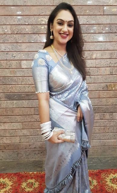 Baby Blue Pastel shades in KAnjeevaram sarees Silver Colour Blouse Designs Latest, Wedding Saree Designs, Silver Saree, Pakistani Saree, Saree Material, Pattu Saree Blouse Designs, Saree Blouse Neck Designs, Wedding Saree Blouse Designs, Sari Blouse Designs