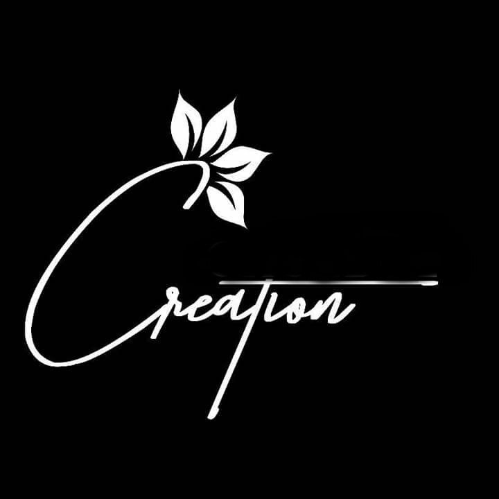 the word creation written in white on a black background with a flower and leaves logo