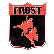 the logo for frost football is shown in red and black with an image of a man on a horse