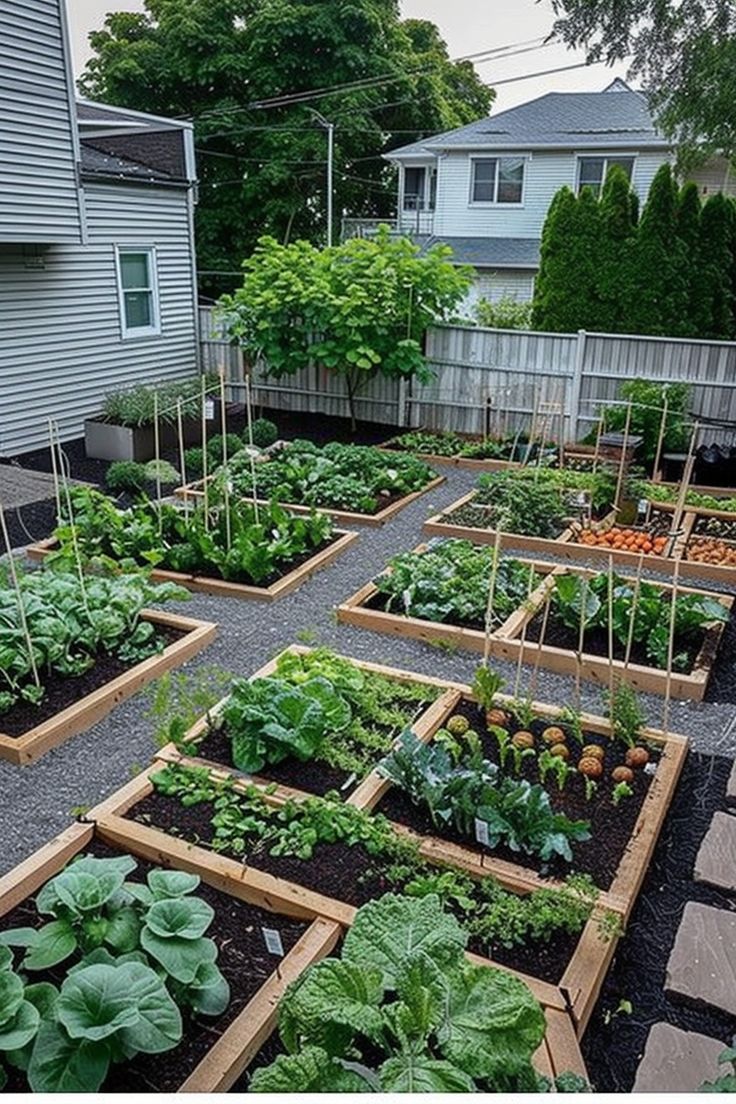 A backyard vegetable garden with multiple raised wooden beds, filled with various leafy greens and plants, surrounded by gravel paths and a wooden fence. Vege Garden Inspiration, Narrow Vegetable Garden Side Yards, Garden Patch Ideas, Front Yard Food Garden, Tiny Backyard Garden, Garden Planning Ideas, Backyard Vegetable Garden Design, Backyard Veggie Garden, Backyard Vegetable Garden Ideas