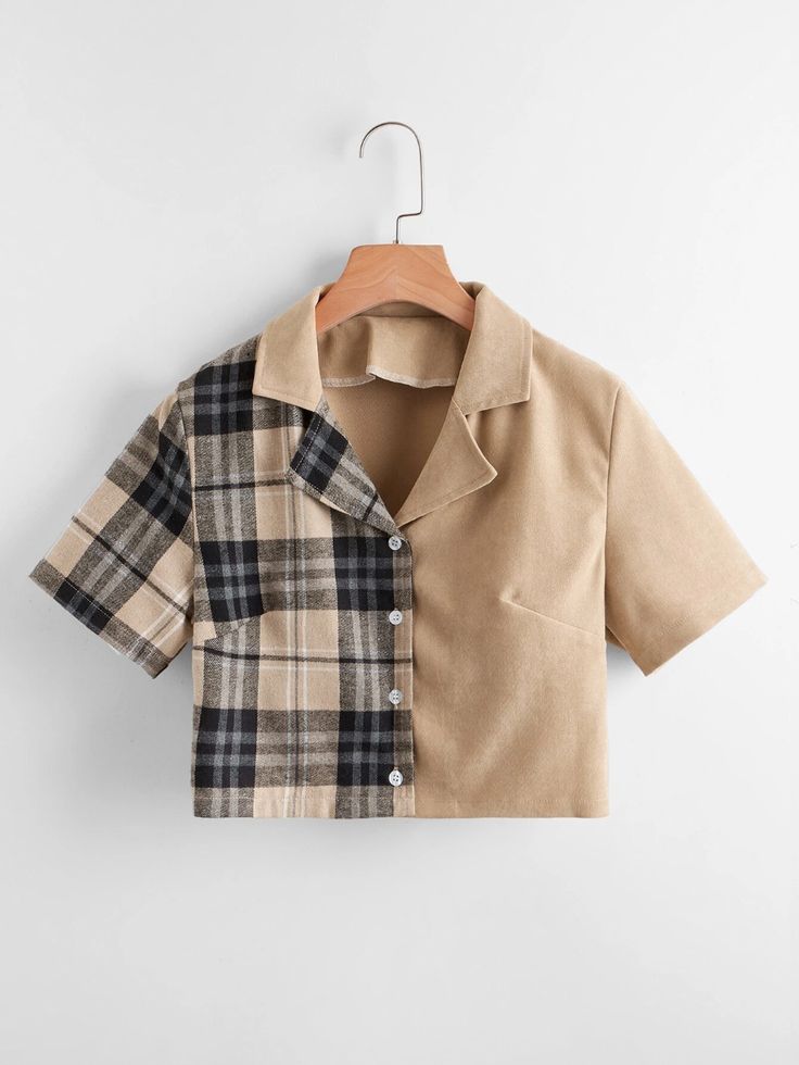 Plus Plaid Print Lapel Collar Crop Blouse | SHEIN Fashion Tops Blouse, Trendy Fashion Tops, Tomboy Style Outfits, Fashionista Clothes, Easy Trendy Outfits, Causual Outfits, Crop Top Outfits, Fashion Design Clothes, Crop Blouse