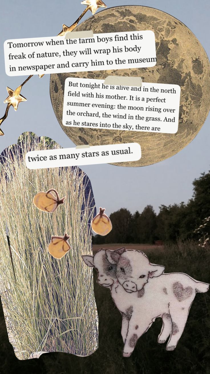 a collage of images with words and animals in the sky above them, including an image of a pig