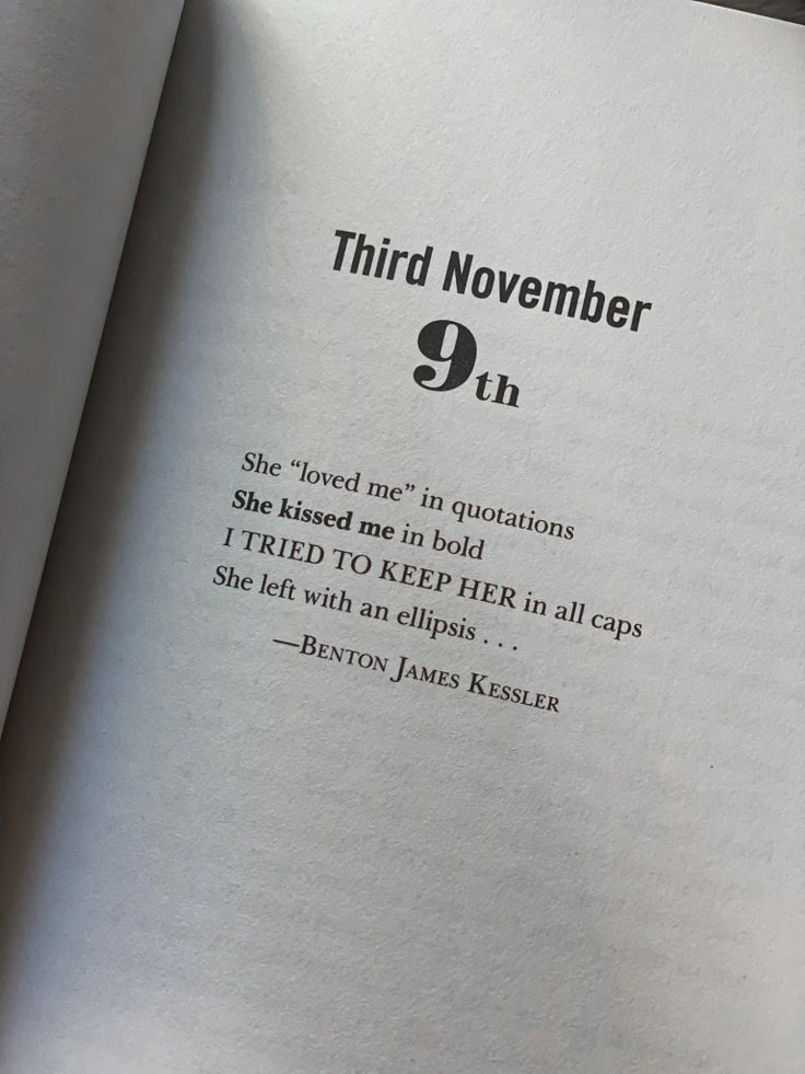 an open book with the words third november 9 th written in black and white on it