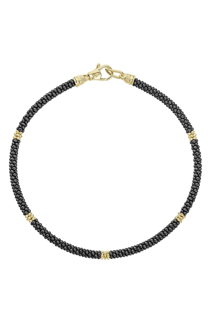 Classically elegant, this handcrafted station bracelet features Caviar beading in both gleaming 18-karat gold and striking black ceramic. Style Name:Lagos Gold & Black Caviar Rope Bracelet. Style Number: 5618092. Available in stores. Station Bracelet, Gold Ceramic, Women's Bracelets, Black Caviar, Black Ceramic, Delicate Bracelet, Womens Bracelets, Gold Black, Rope Bracelet