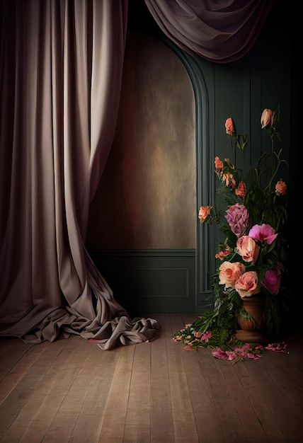 a vase filled with flowers sitting on top of a wooden floor next to a curtain