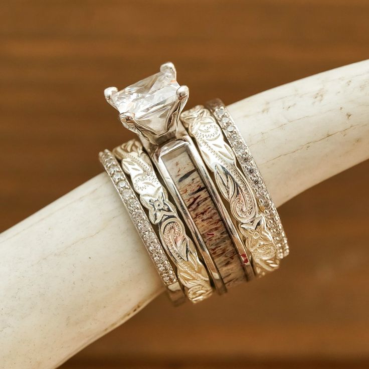 two wedding rings sitting on top of a white cow's head with wood in the background