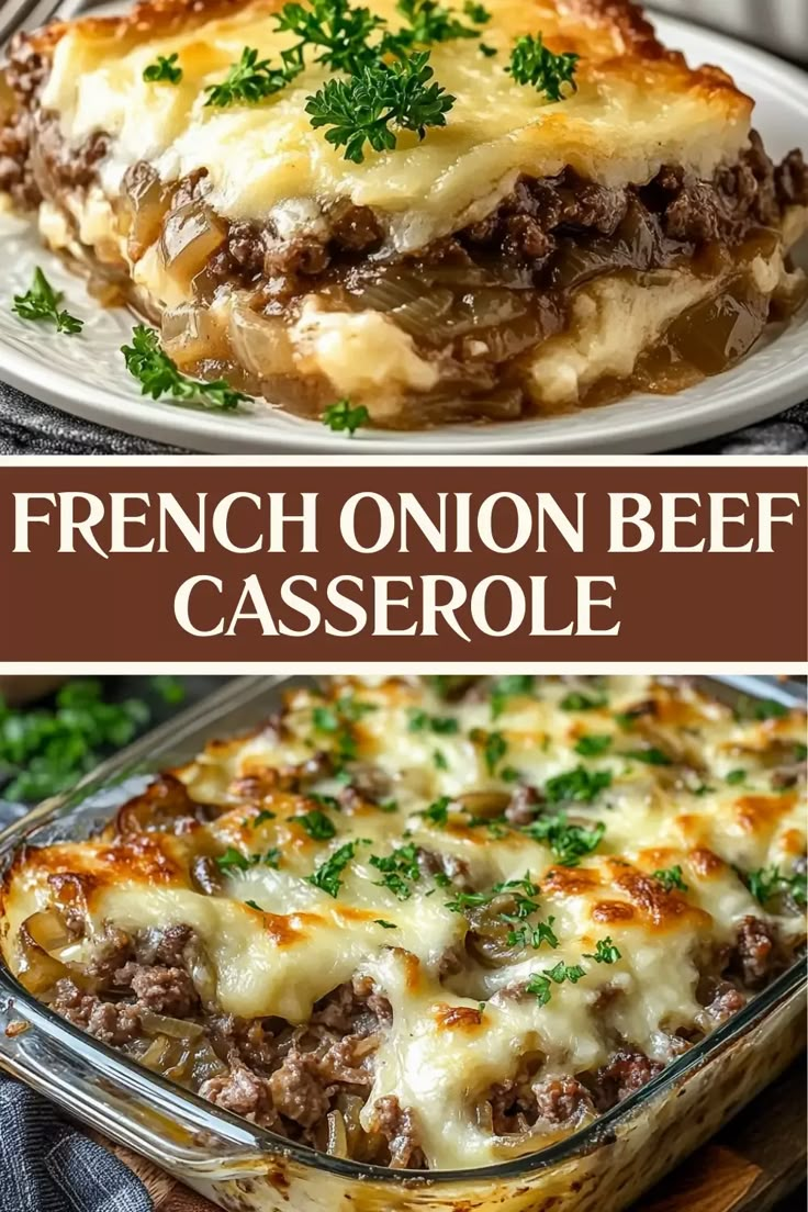 french onion beef casserole with cheese and parsley on top is an easy dinner recipe