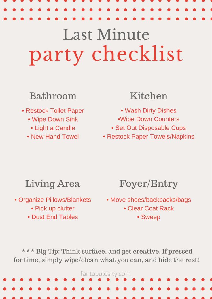 the last minute party checklist is in red and white with polka dots on it