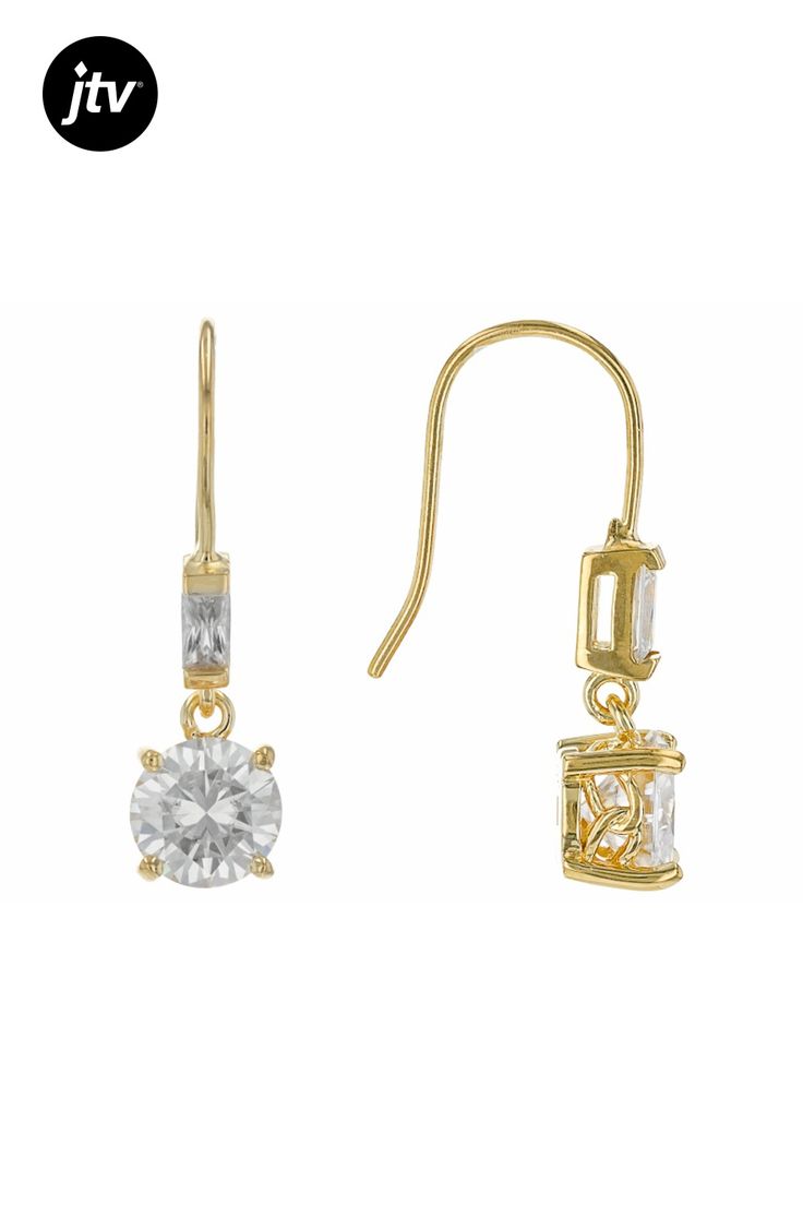 Moissanite Fire�� 2.18ctw diamond equivalent weight round and baguette, 14k yellow gold over sterling silver earrings. Measures 3/4" L x 1/4" W and have fishhook backs. Actual moissanite weight is 1.94ctw. Gold Baguette Cut Diamond Earrings With Accents, Gold Baguette Cut Earrings With Diamond Accents, Gold Round Diamond Earrings With Baguette Diamonds, Gold Baguette Cut Cubic Zirconia Diamond Earrings, Gold Cubic Zirconia Diamond Earrings Baguette Cut, Gold Baguette Diamond Drop Earrings, Gold Drop Earrings With Baguette Diamonds, Gold Baguette Cut Earrings For Anniversary, Gold Baguette Cut Cubic Zirconia Earrings