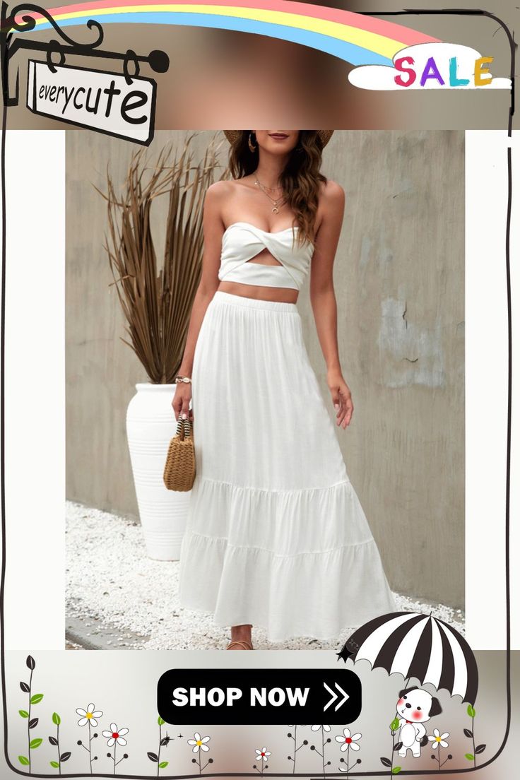 Solid White Ruffle Hem Beachwear Maxi Skirt White Flared Maxi Skirt For The Beach, White Ruffled Maxi Skirt For Vacation, White Fitted Maxi Skirt With Ruffles, White Non-stretch Maxi Skirt For Vacation, White Non-stretch Beach Skirt, Ruffle Hem, Maxi Skirt, Shop Now, White