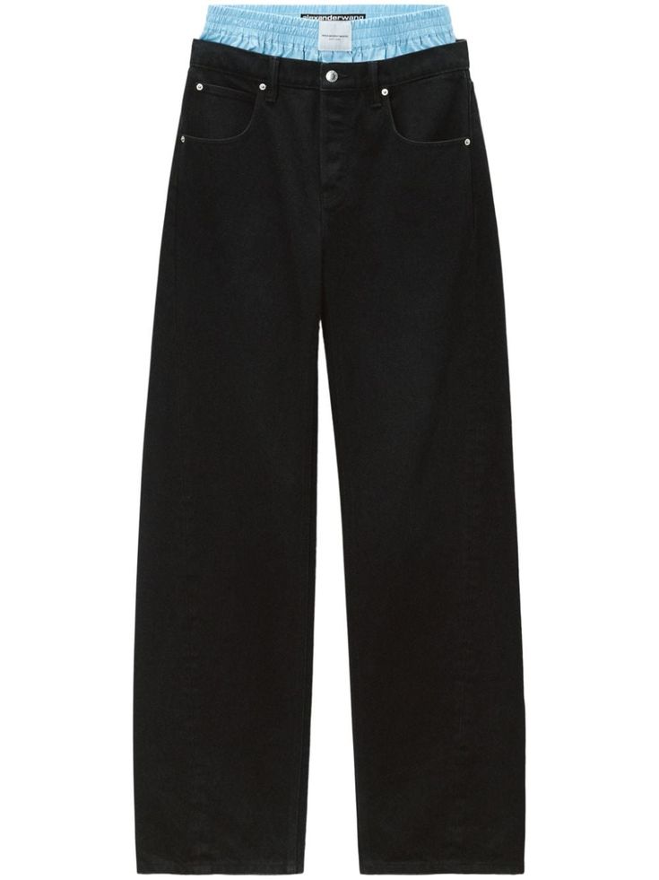 black cotton denim layered details rivet detailing logo patch to the rear high-rise belt loops elasticated waistband concealed fly and button fastening classic five pockets wide leg Alexander Wang Jeans, Skater Outfit, Pants Collection, Detailing Logo, London Style, City Dress, Airport Fashion, Summer Beach Wear, Figure Skater