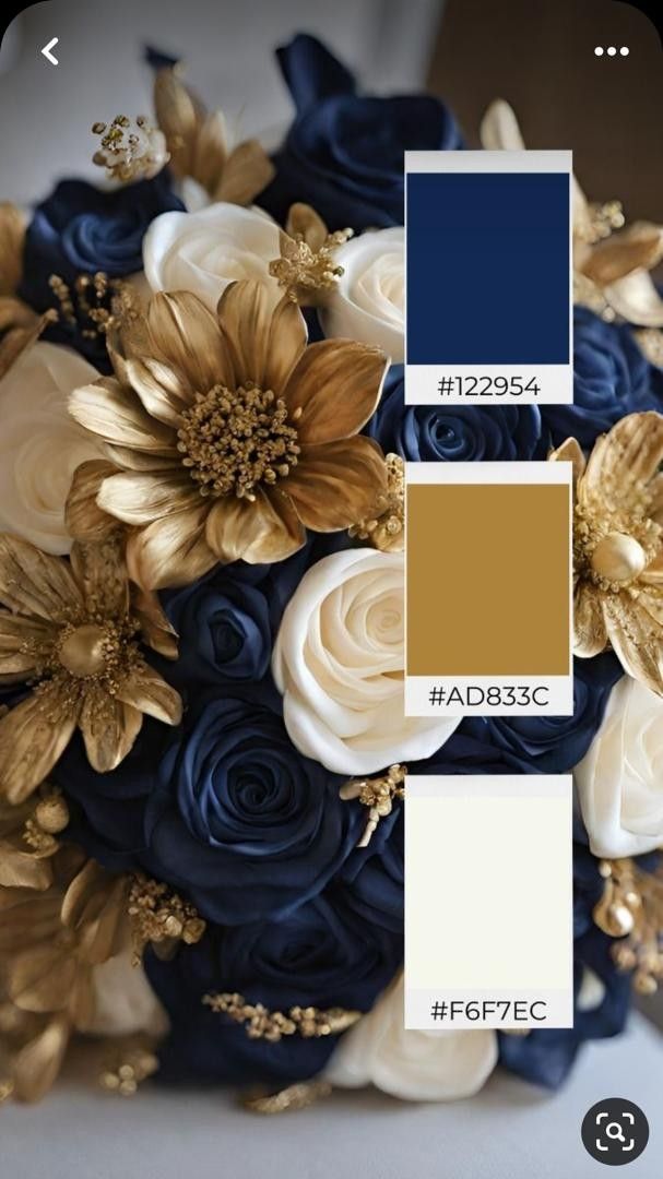 a wedding bouquet with blue and gold flowers on it, the color scheme is navy