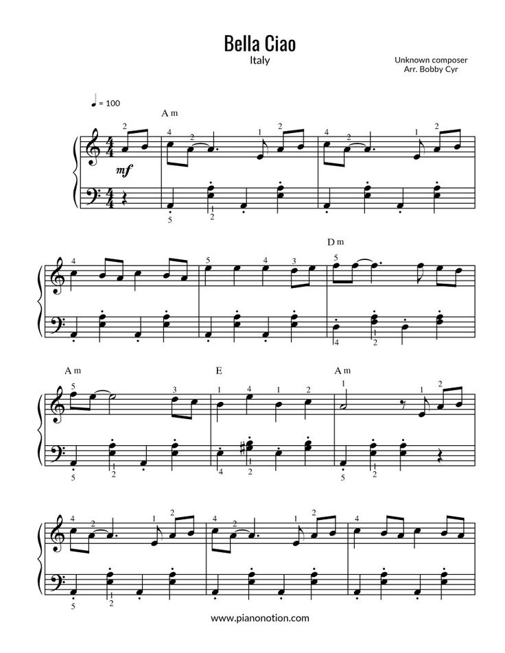 sheet music with the words bellita ciao on it