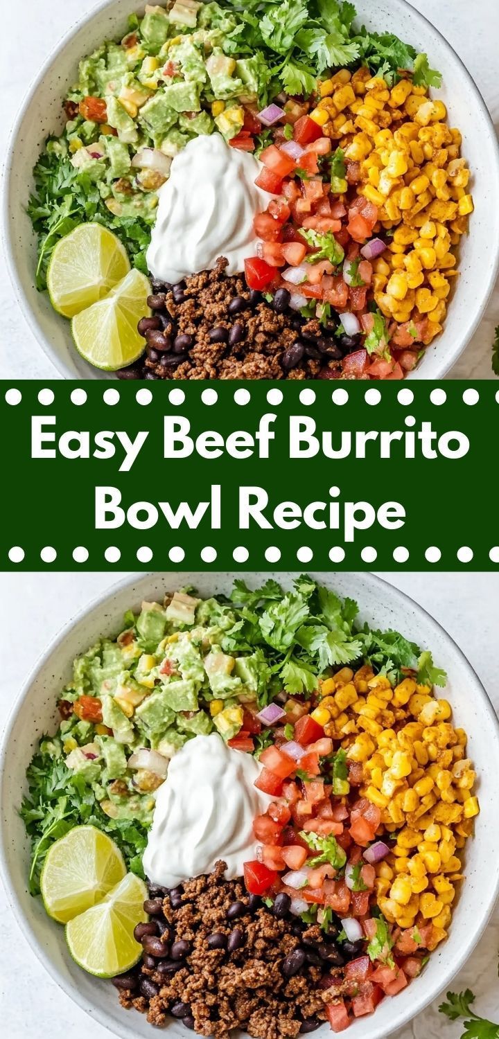 two bowls filled with taco salad and the words easy beef burrito bowl recipe