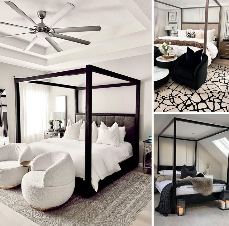 four different views of a bedroom with black and white decor, including a canopy bed