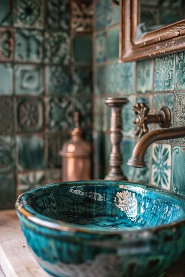 Unique Steampunk Bathroom Ideas to Inspire You Copper And Teal Bathroom, Bathroom Sea Theme, Steampunk Bathroom Ideas, Turquoise Bathroom Ideas, Unique Bathroom Vanity Ideas, Steampunk Bathroom Decor, Blue Tiled Bathroom, Mediterranean Bathroom Ideas, Bathroom Tile Design Ideas