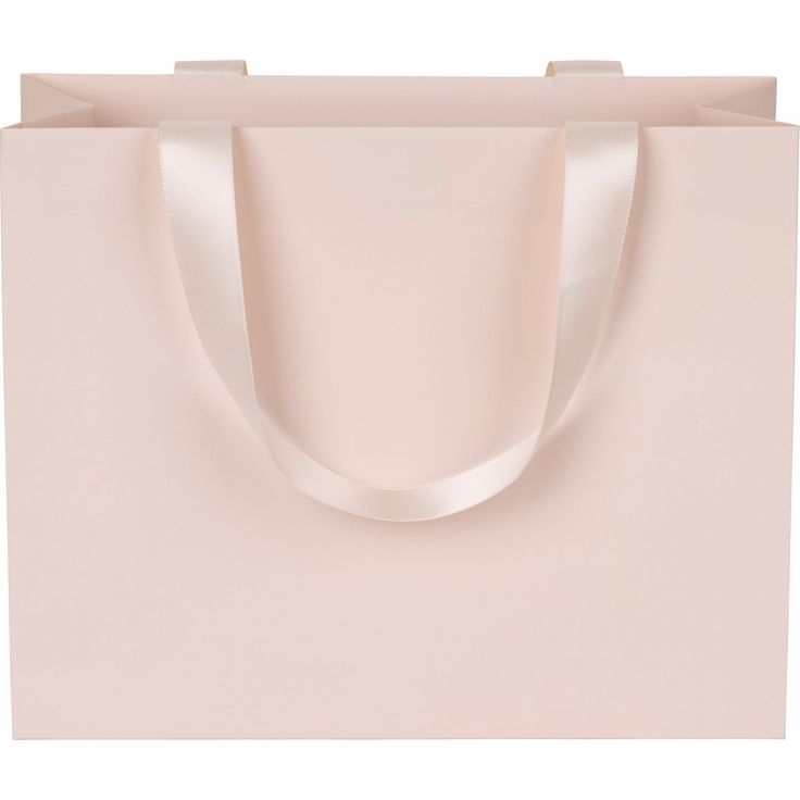 a light pink shopping bag with a white ribbon on the front and bottom handles, isolated against a white background