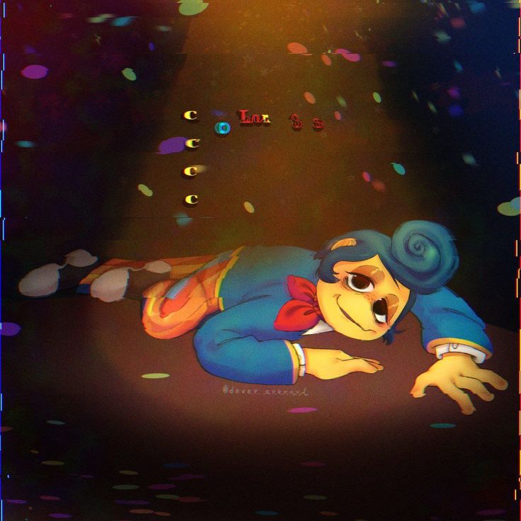 a cartoon character laying on the ground with confetti falling from his mouth in front of him