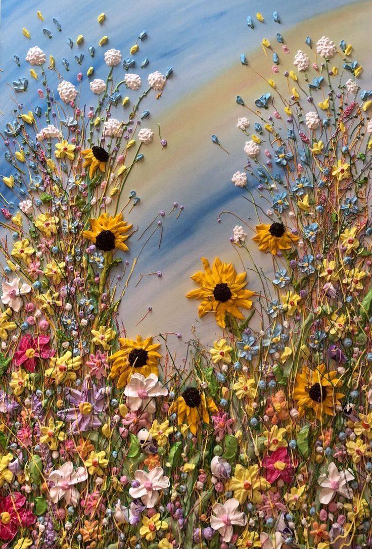 a painting of sunflowers and daisies in a field