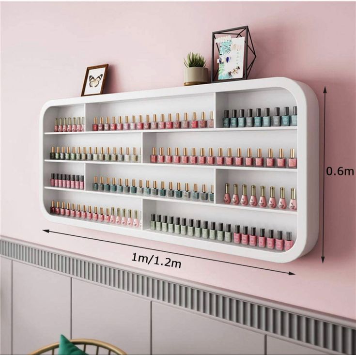 Polish rack Nail Polish Wall Rack, Wall Mounted Display Case, Nail Polish Shelf, Perfume Storage, Wall Nails, Nail Polish Rack, Polish Display, Nail Salon Decor, Cabinet Shelf