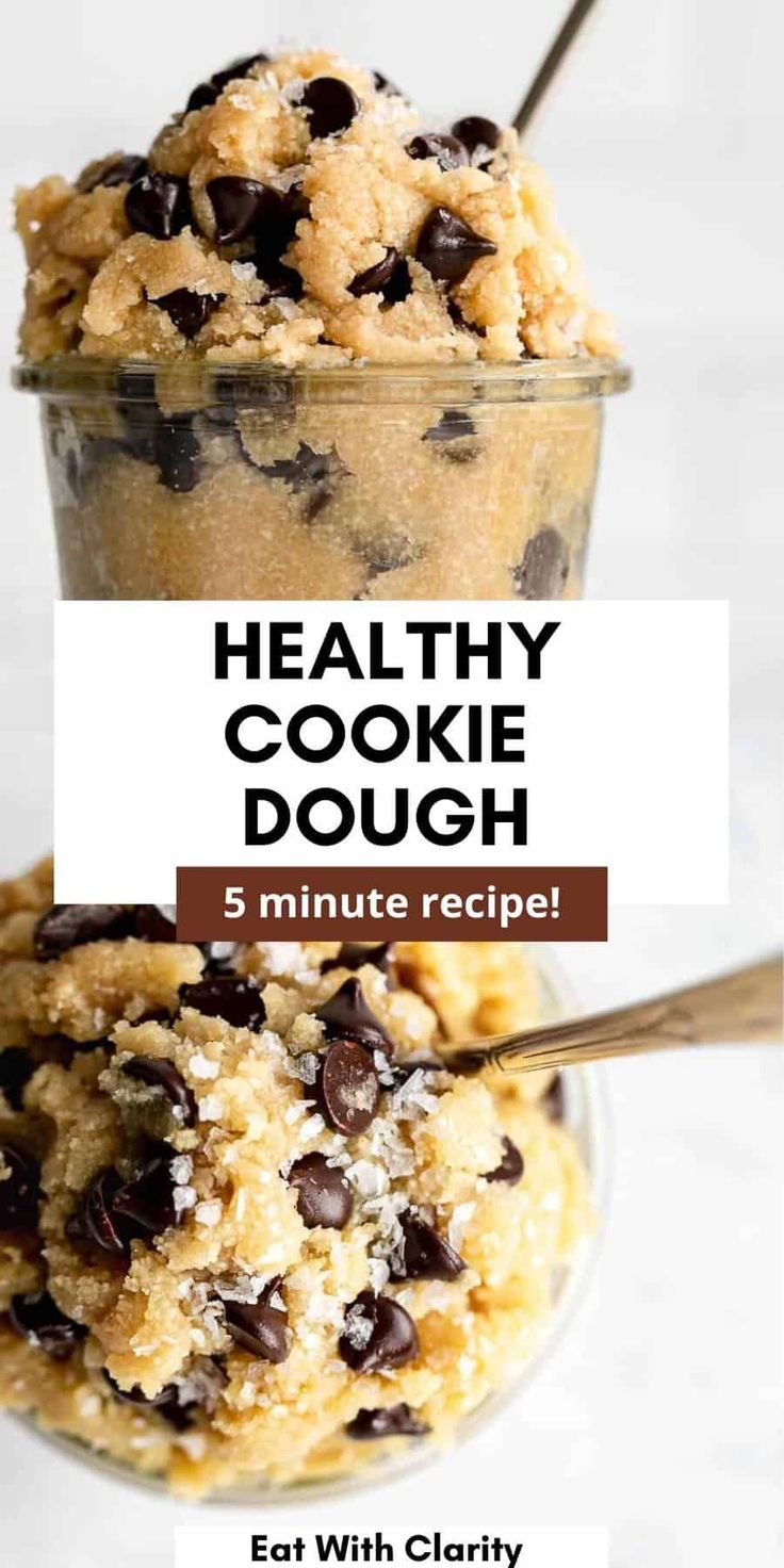 healthy cookie dough in a glass bowl with chocolate chips on top and text overlay that reads, healthy cookie dough 5 minute recipe