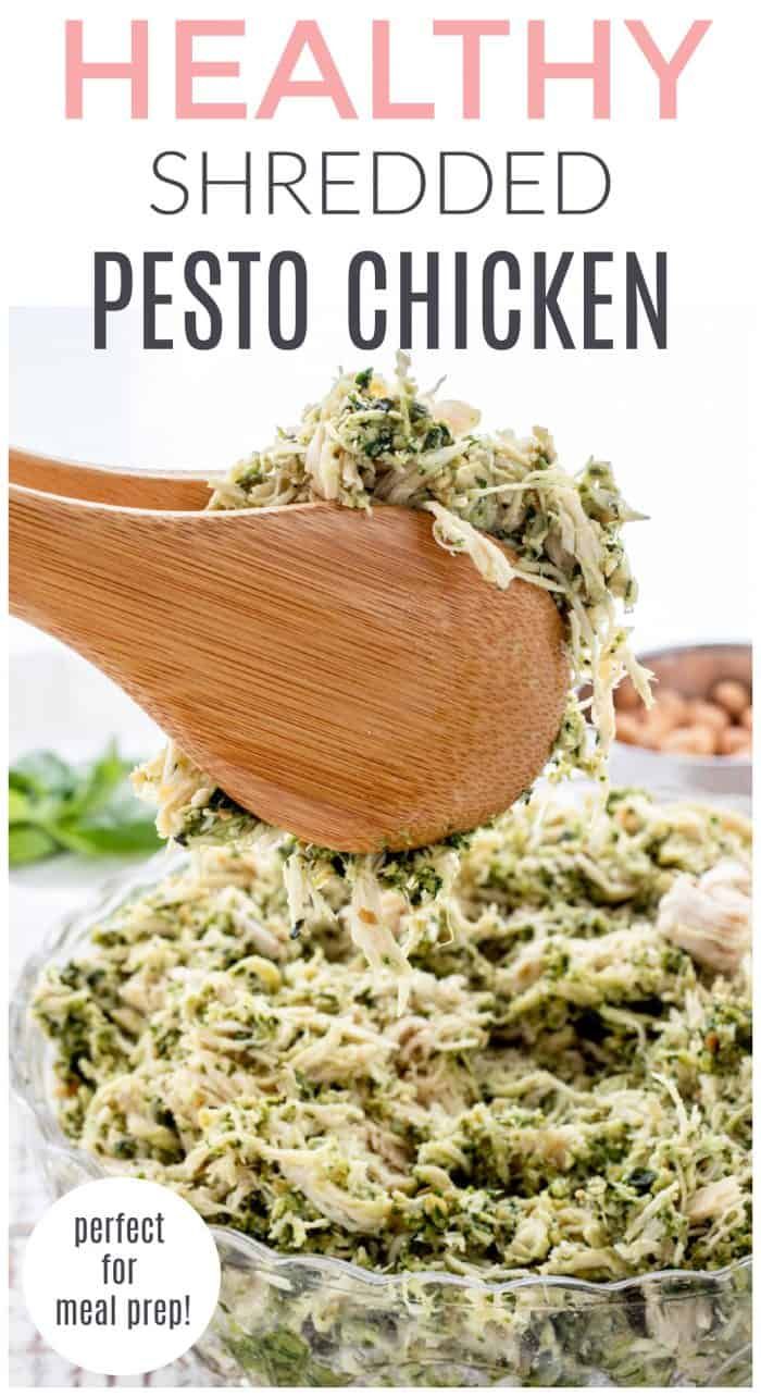 a wooden spoon scooping pesto out of a glass bowl with the title healthy shredded pesto chicken