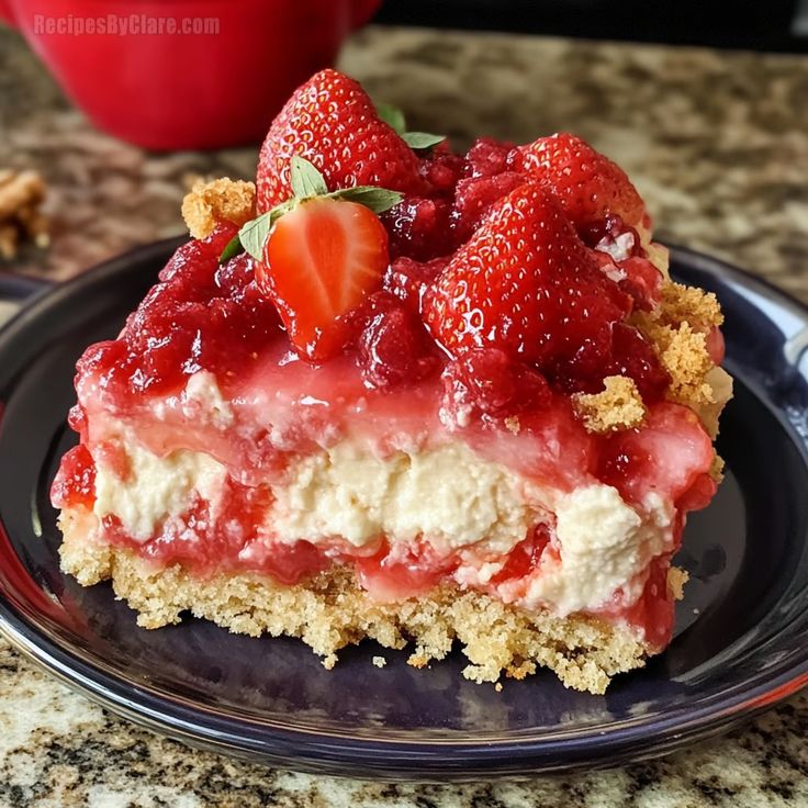 a piece of cake with strawberries on top