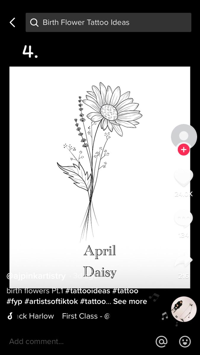 an iphone screen with the text birth flower tattoo ideas on it and a drawing of a daisy