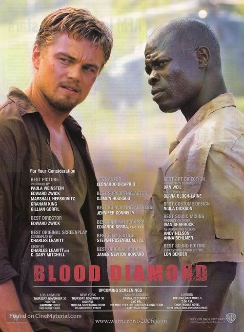 the movie poster for blood diamond with two men standing next to each other in front of a cityscape