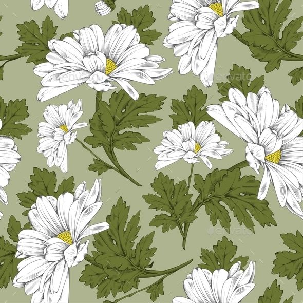 white flowers and leaves on a green background