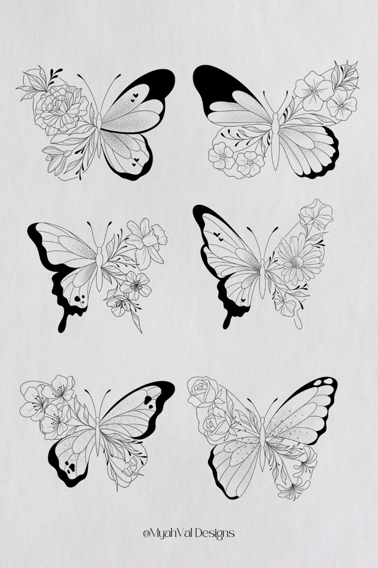 six butterflies with different shapes and sizes on them, all in black and white ink