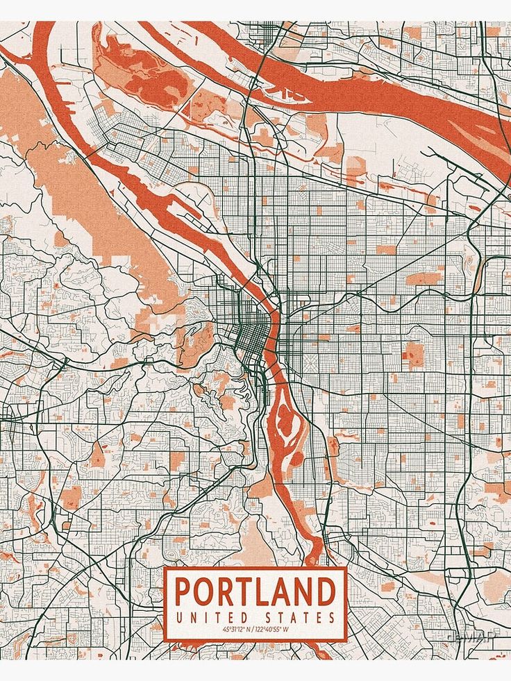 an orange and white map of portland, with the words portland on it in red