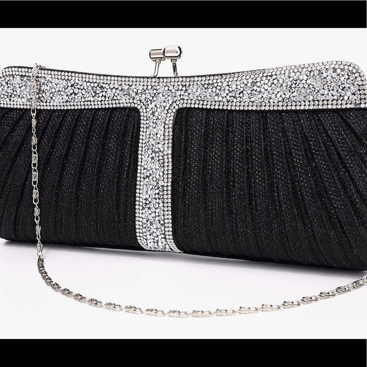 Dayana Fontana Nyc Perfect This Art Deco Bag Evening Or Parties Color Options Black, Gold, Silver, Pink Rhinestone Clutch Rhinestones Sparkling And Silver Metal Hardware Size Approx. 10.5 L X 4.8h X 1.7w Shoulder Chain Strap 24” Fabric Satin Lining Condiction New With Tags Chic Black Evening Bag With Rhinestones, Embellished Black Clutch Bag, Black Embellished Clutch Bag, Luxury Black Rhinestone Shoulder Bag, Black Clutch Bag With Rhinestones, Black Rhinestone Shoulder Bag For Events, Elegant Evening Bags With Rhinestone Fringe, Chic Black Clutch With Rhinestones, Elegant Party Evening Bag With Rhinestone Fringe