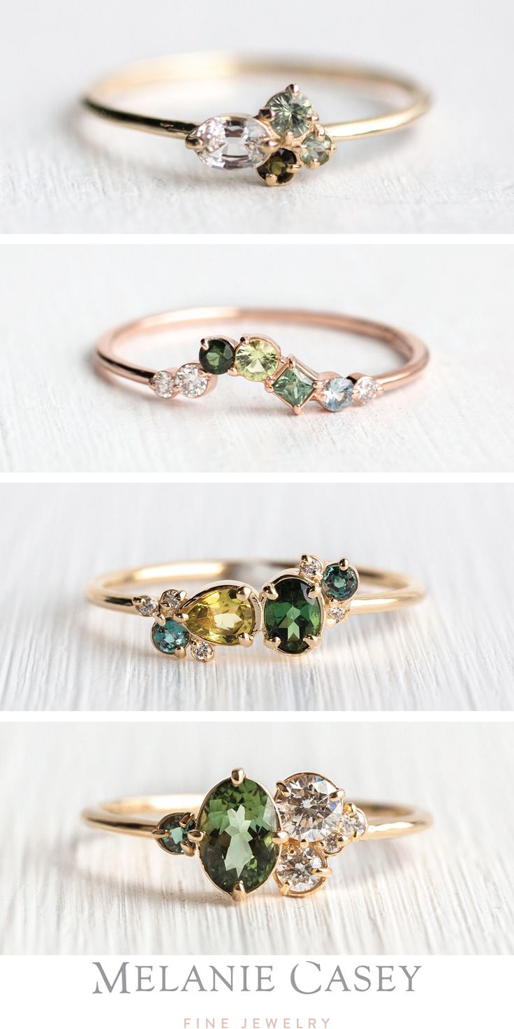 Coloured Gemstone Rings, Mixed Stone Rings, Stacked Gemstone Rings, Mother Rings Ideas, Two Birthstone Ring, Green Saphire Ring, Green Cluster Ring, Mothers Ring Ideas, Asymmetrical Rings