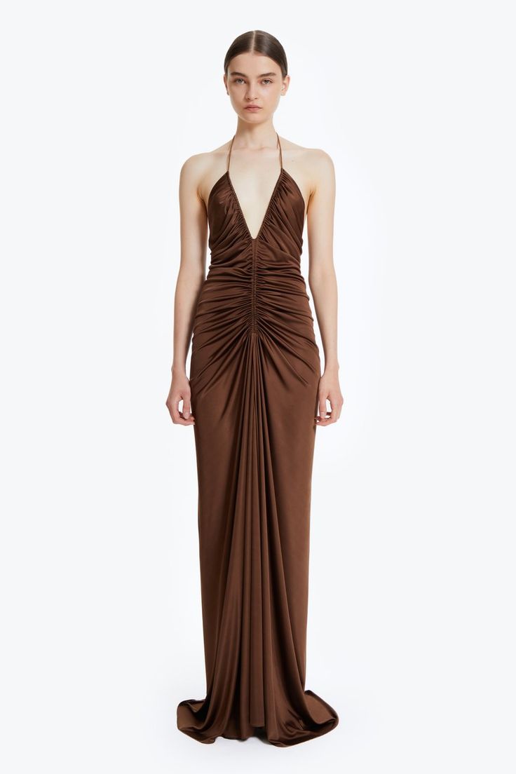 Glamorous Long Dinner Dress, Luxury Draped Dress With Fitted Bodice, Pre-draped Evening Dress With Fitted Bodice For Dinner, Chic Long Dress For Dinner, Dressy Dinner Maxi Dress, Fitted Bodice Maxi Length Dress For Dinner, Fitted Bodice Maxi Dress For Dinner, Fitted Long Dress For Dinner, Fitted Long Dinner Dress