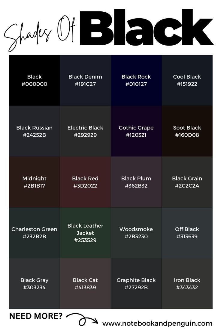 the shades of black are shown in different colors and sizes, with text below them