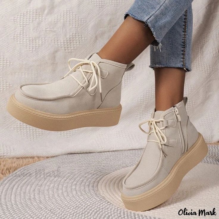 Olivia Mark - Casual Fashion Canvas Loafers Casual Flat Boots For Fall, Casual Flat Platform Loafers, Casual Spring Platform Loafers, Casual Loafers With Medium Width And Flat Heel, Casual Beige Loafers For Fall, Casual Medium Fit Flat Heel Loafers, Trendy Lace-up Spring Loafers, Lace-up Loafers With Textured Sole For Fall, Fall Lace-up Loafers With Textured Sole