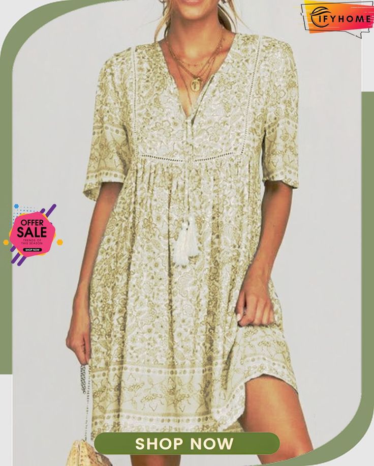 Women Boho Floral-print Half Sleeve Casual Dress Summer Dress With All Over Print And Short Sleeves, Summer Dresses With All Over Print And Short Sleeves, Patterned Dress With All Over Print For Vacation, Bohemian V-neck Dress With Vintage Print, Patterned Dress With All Over Print For Beach, Patterned Vacation Dress With All Over Print, Patterned Beach Dress With All Over Print, Beach Dresses With All Over Print, Knee-length Bohemian Printed Floral Dress