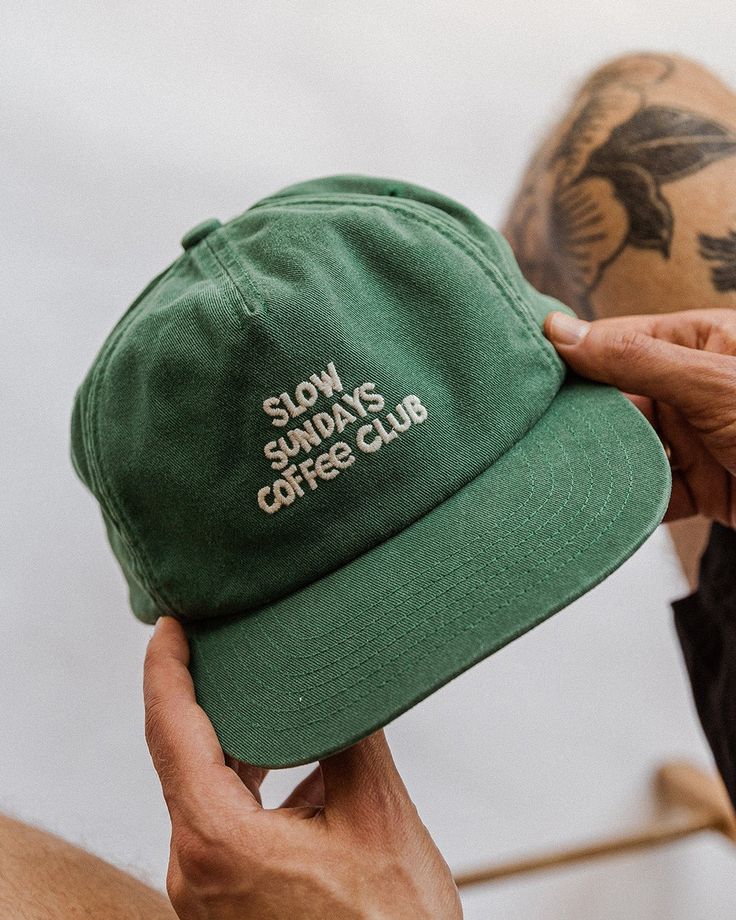 Slow Sundays 5 Panel Cap- Green | Hats & Beanies – P&Co USA Coffee Club, Mode Inspo, 로고 디자인, Look Fashion, The Office, Cotton Twill, A Man, Clothing Brand, Style Me