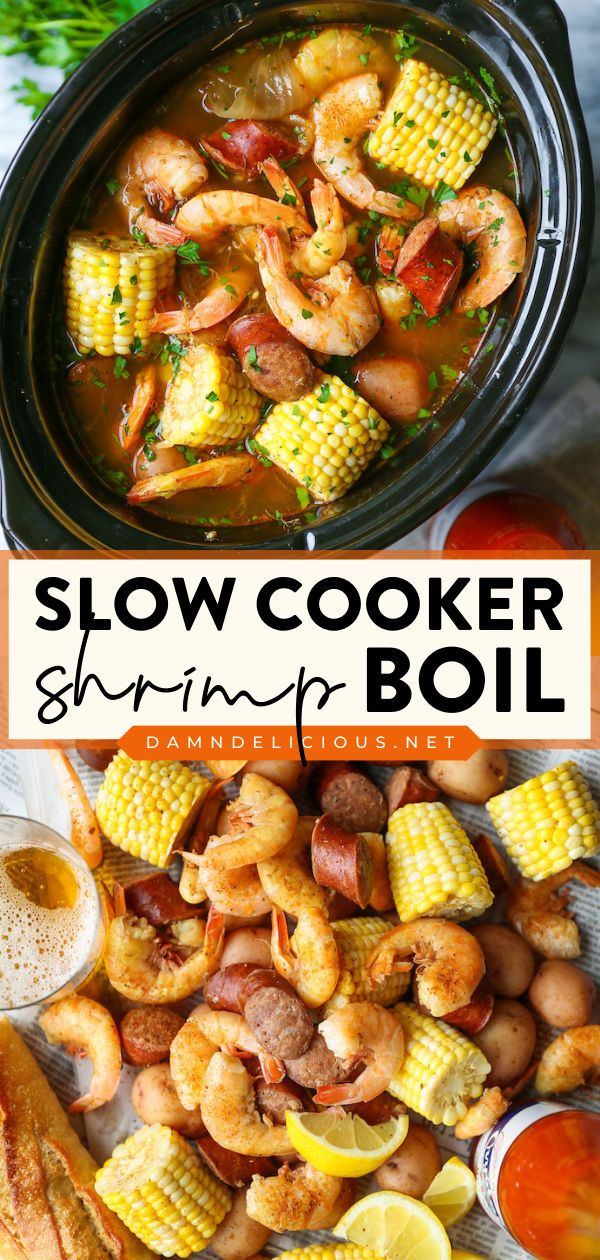 Bust out your crockpot and try this homemade dinner recipe! It will become one of your favorite seafood meals when entertaining. Full of potatoes, sausage, corn, and Old Bay, this Slow Cooker Shrimp Boil is the BEST! Shrimp Corn, Sausage Shrimp, Boil Recipes, Seafood Boil Recipes, Easy Crockpot Dinners, Boiled Food, Crockpot Ideas, Crockpot Dinners, Shrimp Boil