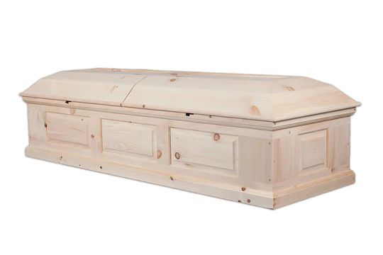 an unfinished wooden casket with no lid