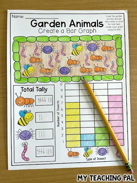 the garden animals themed bar graph is on top of a table with a pencil next to it